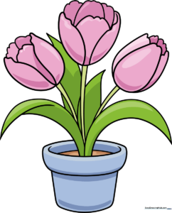 A vibrant, finished illustration of a potted tulip arrangement, showcasing bright colors and clean lines.