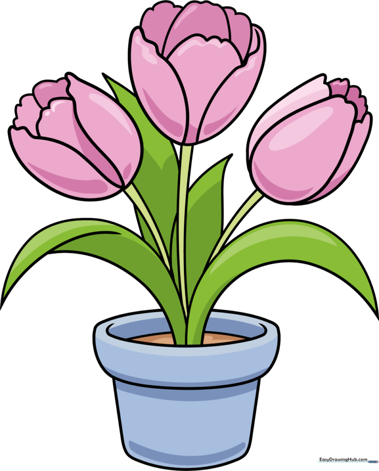 A vibrant, finished illustration of a potted tulip arrangement, showcasing bright colors and clean lines.
