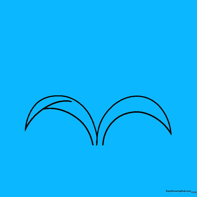Drawing the first tulip blossom with a C-shaped petal outline atop a stem.