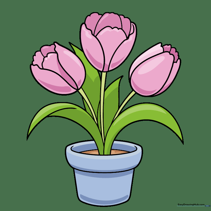 A finished, colored drawing of three pink tulips in a brown pot.