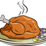 A finished, colorful illustration of a festive turkey dinner on a platter.