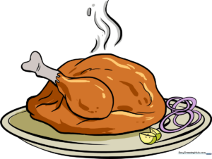 A finished, colorful illustration of a festive turkey dinner on a platter.