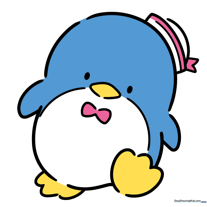 Completed Tuxedo Sam drawing fully colored in his signature blue, white, yellow, and red.