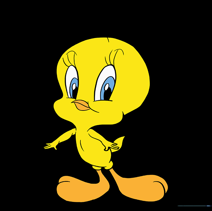 Final colored drawing of Tweety Bird with yellow body and orange beak/feet.