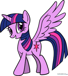 A colorful, finished illustration of Twilight Sparkle, the unicorn pony, ready for a drawing lesson.