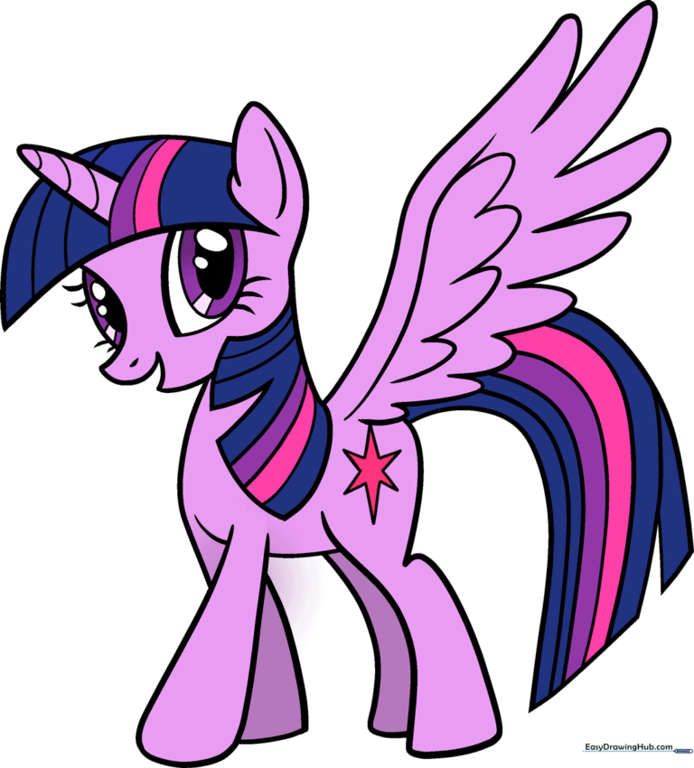 A colorful, finished illustration of Twilight Sparkle, the unicorn pony, ready for a drawing lesson.