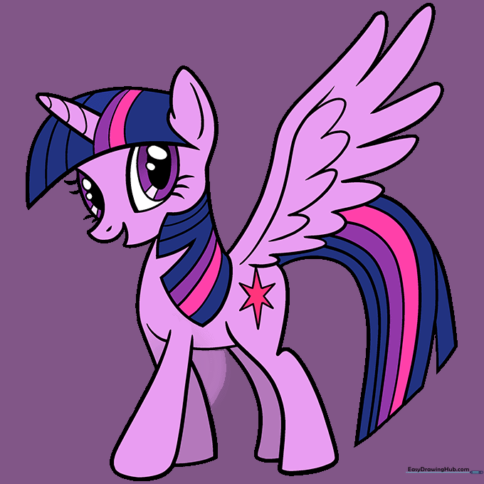 The finished, colored drawing of Twilight Sparkle with vibrant purple and pink tones.