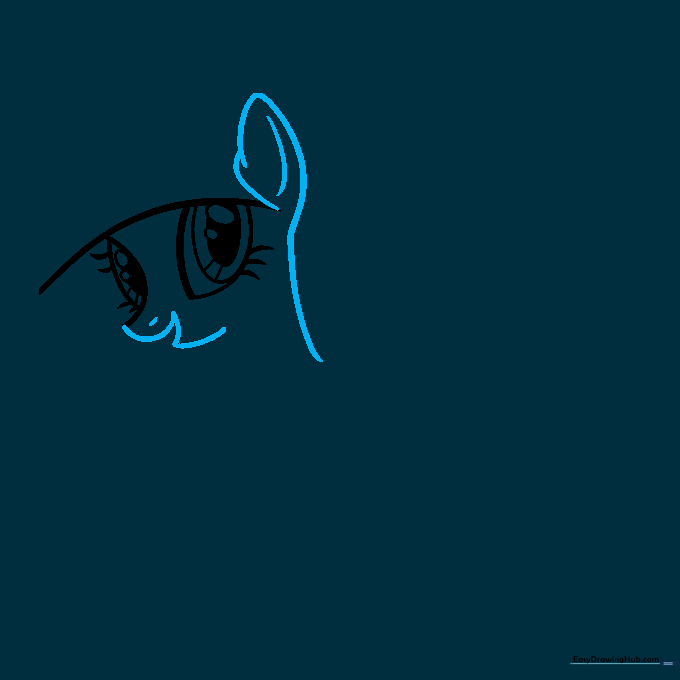 Sketching the pony's ear and muzzle profile using simple geometric curves.
