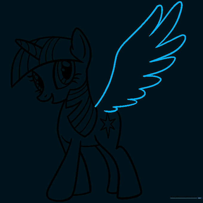 Adding a feathered wing to the pony's back using petal-shaped curves.