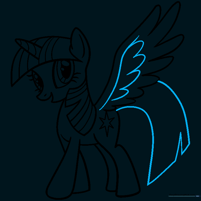 Refining the wing feathers and sketching the long, flowing pony tail.
