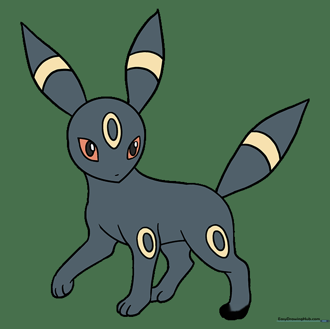 Finished, colored Umbreon drawing with black fur, yellow rings, and red eyes.