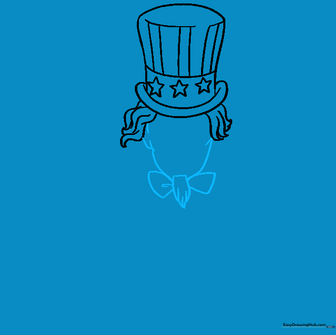 Facial outline including ears, goatee, and bow tie details.