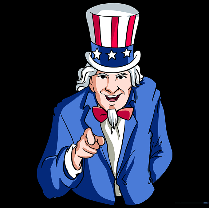 Finished Uncle Sam drawing colored with red, white, and blue.