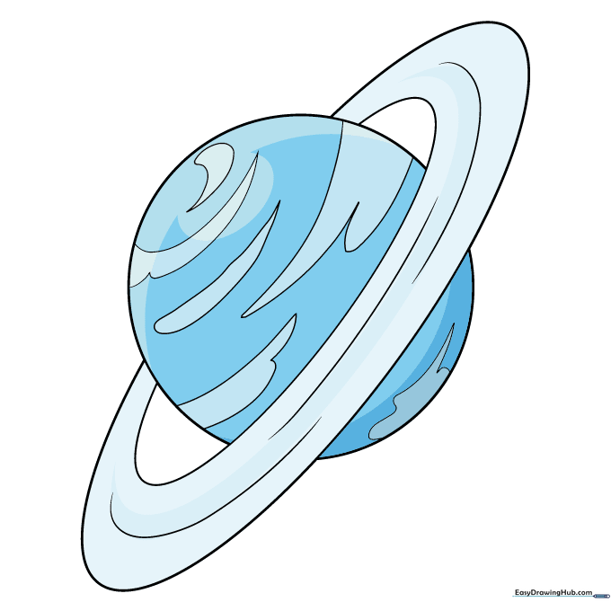 The finished, colored drawing of Uranus in shades of blue.
