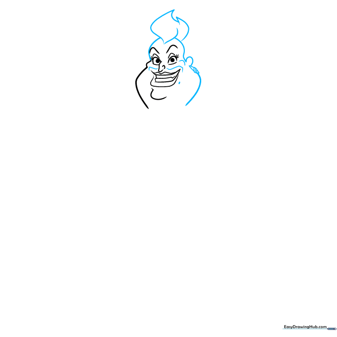 Drawing of Ursula's hair and shell earring detail, showing the placement of the ear and hair volume.