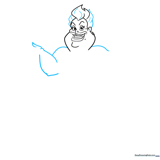 Ursula's upper body sketch, focusing on the shoulder lines and the initial shape of her hand.