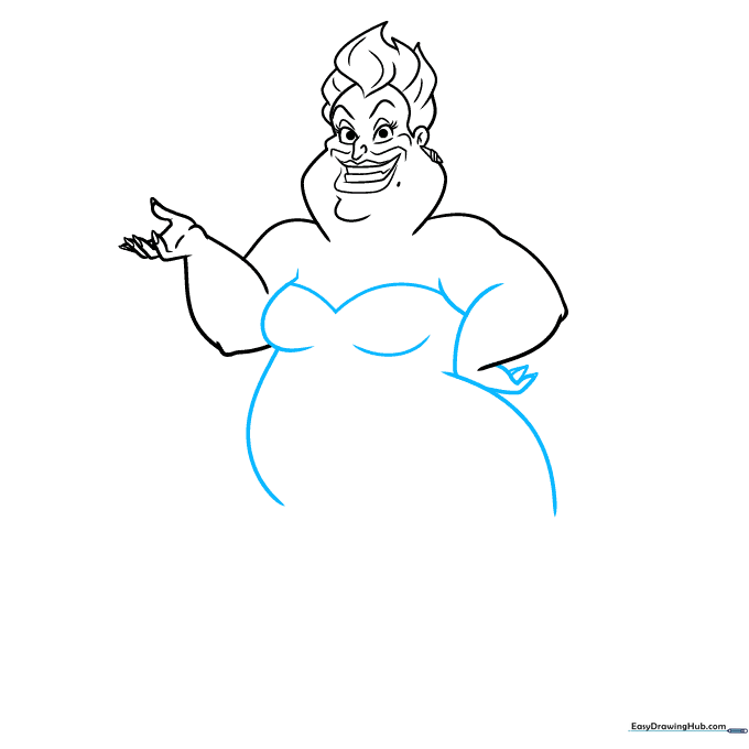 Drawing of Ursula's torso and arm, showing the V-neckline and the start of her body outline.