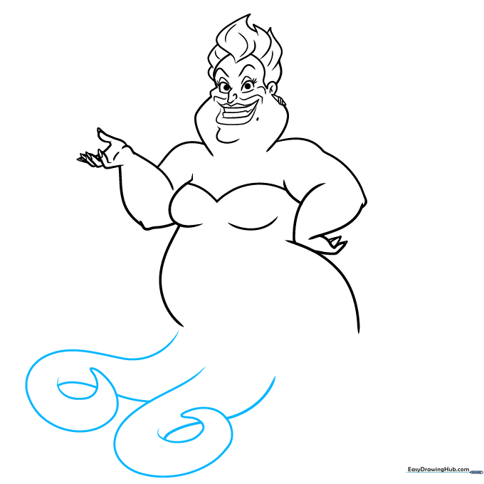 Sketching the base of Ursula's tentacles using wavy lines and overlapping triangular shapes.