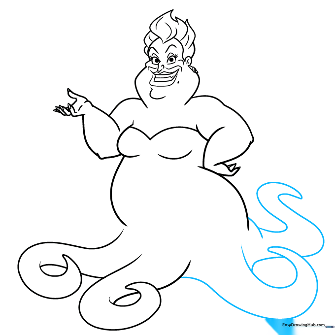 Adding additional tentacle shapes to the base of the drawing to complete Ursula's lower half.