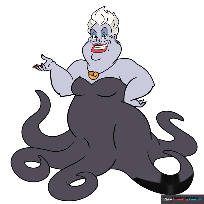 Finished, colored illustration of Ursula with purple skin, grey tentacles, and a gold shell necklace.