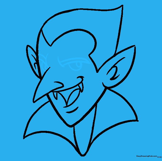 Adding the eyes and eyebrows to complete the vampire's face.