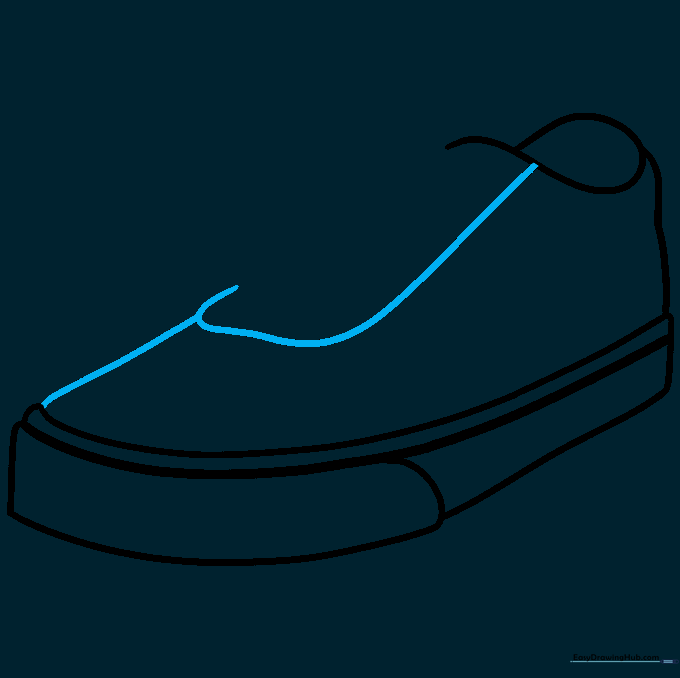 Defining the upper front section of the shoe, known as the vamp, using a J-shaped line.