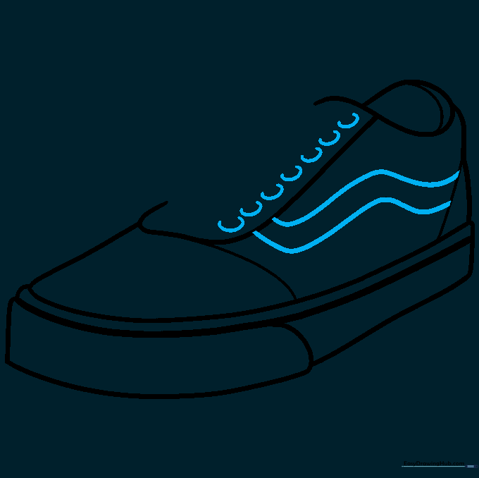 Drawing the signature side stripe and small eyelet holes along the side of the sneaker.