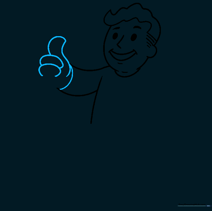 Detailing the hand and sleeve of the Vault Boy drawing.
