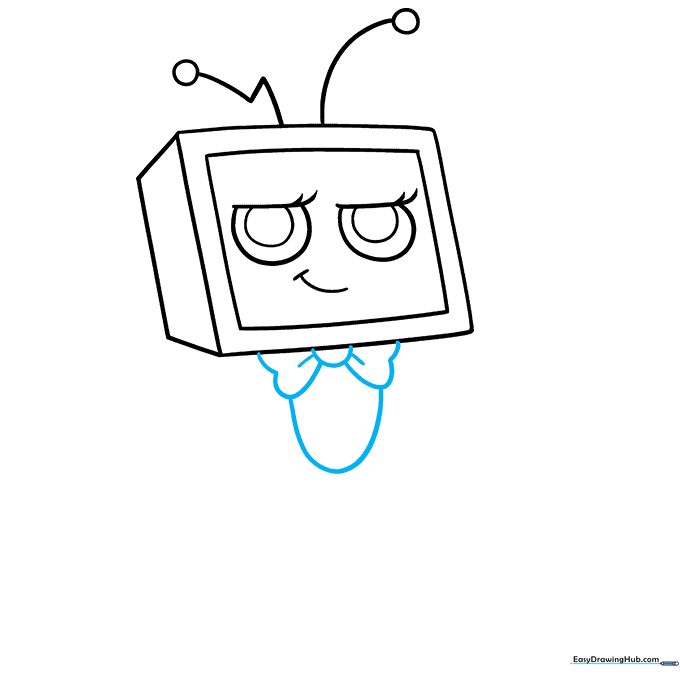 Sketching a bowtie and the oval-shaped torso of the character.