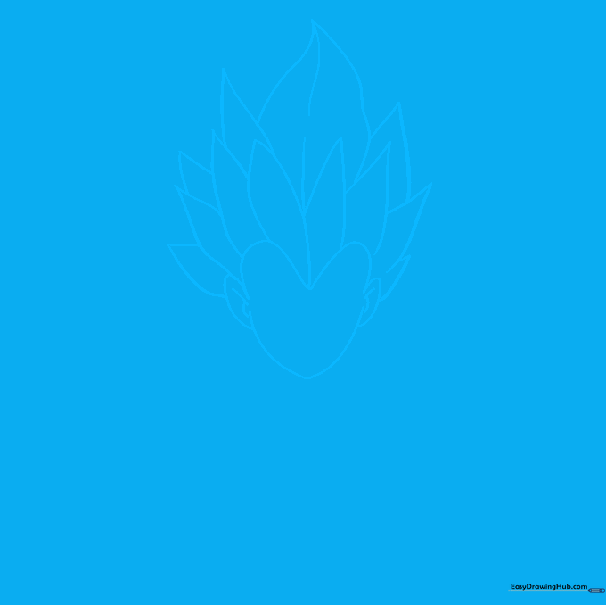 Pencil sketch showing the initial heart-shaped face outline and jagged Super Saiyan hair spikes.