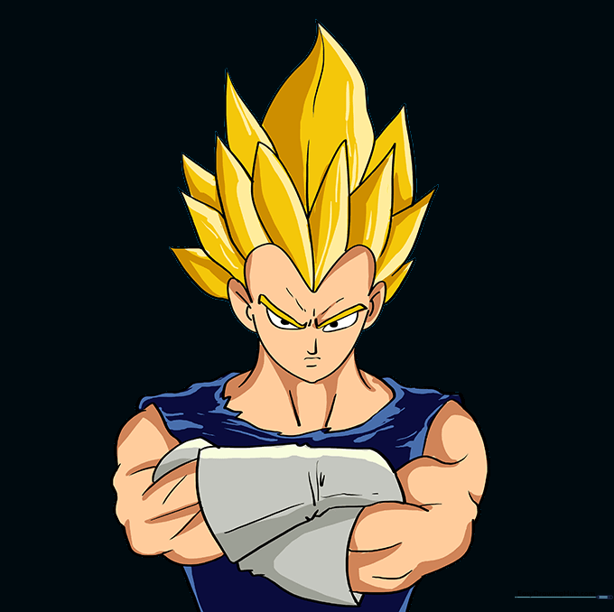 The completed Vegeta drawing with vibrant colors applied to the hair and armor.