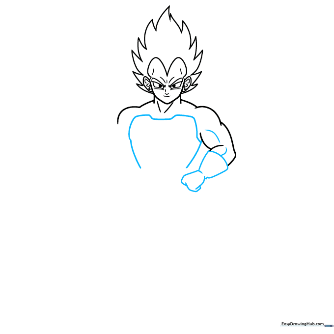 Upper body sketch including Vegeta's gloved hands and chest armor.