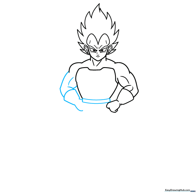 Sketch showing the belt and the arm resting on Vegeta's hip.