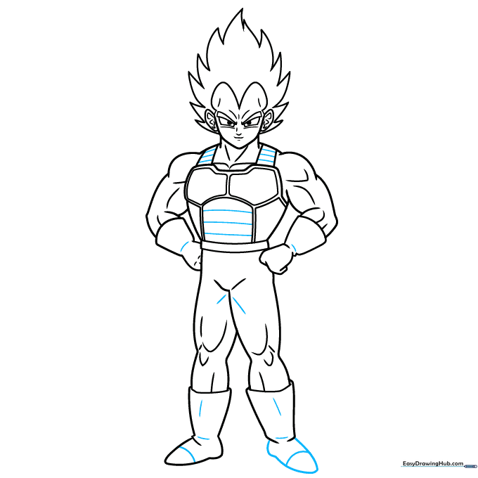 Completed line art of the full-body Vegeta drawing.