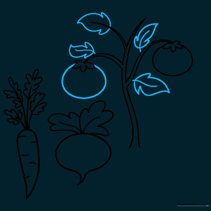 Drawing large, flame-shaped leaves around the central vegetable base.