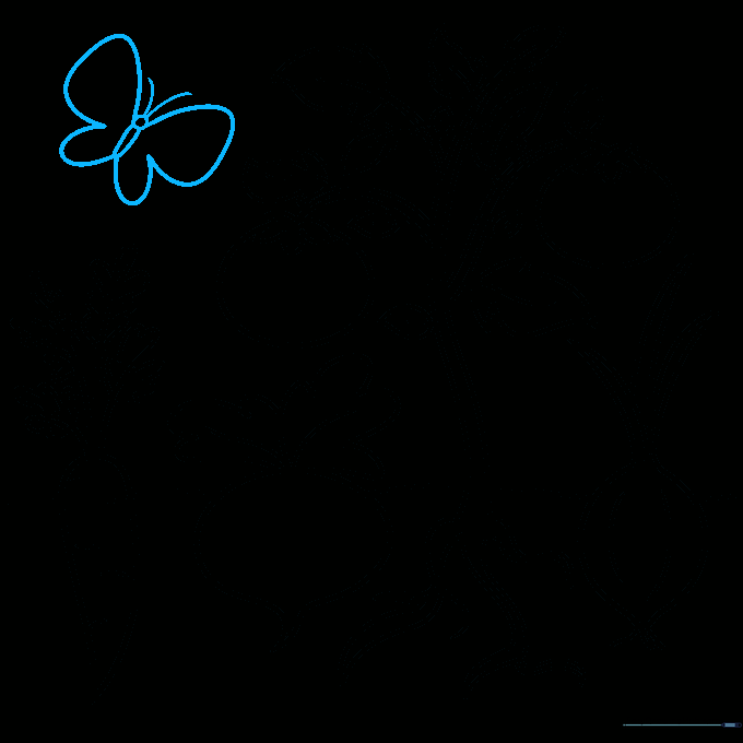 Drawing a simple butterfly to complete the garden scene.