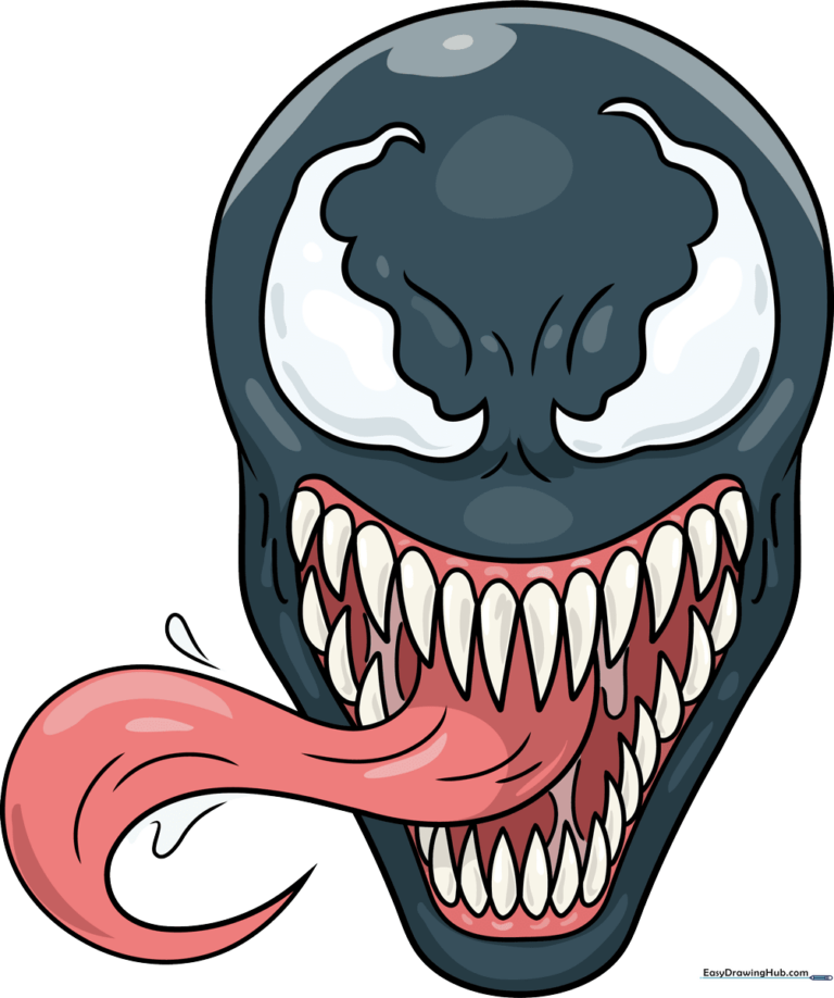 A high-quality, finished illustration of Venom's face, showcasing the final result of the tutorial.
