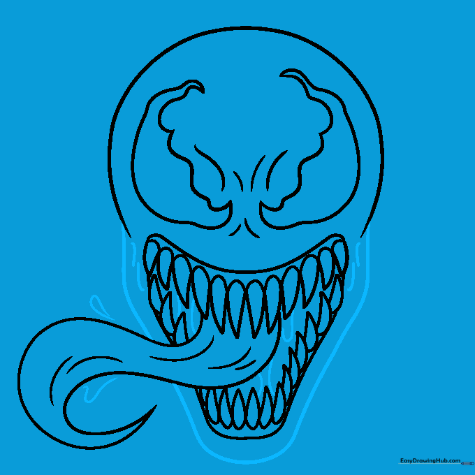 Finalizing the head outline and adding saliva droplets for detail.