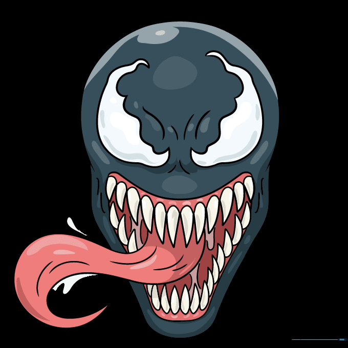 The finished, colored Venom face drawing with black, white, and red details.