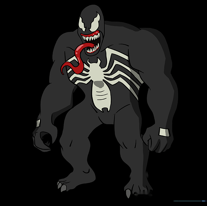 Final colored Venom drawing with black body, grey highlights, and red tongue.