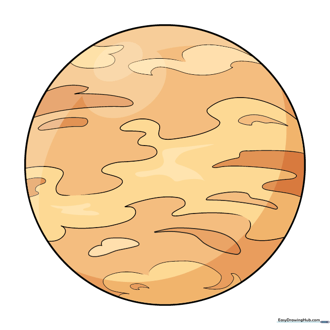 A fully colored, vibrant drawing of the planet Venus using shades of orange and yellow.