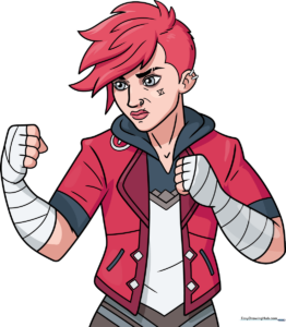 A vibrant, finished illustration of Vi from Arcane, showcasing her signature pink hair and determined expression.