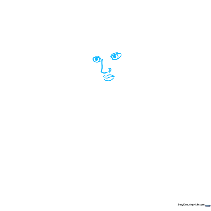 Line drawing showing the initial placement of Vi's eyes, nose, and mouth using basic geometric shapes.
