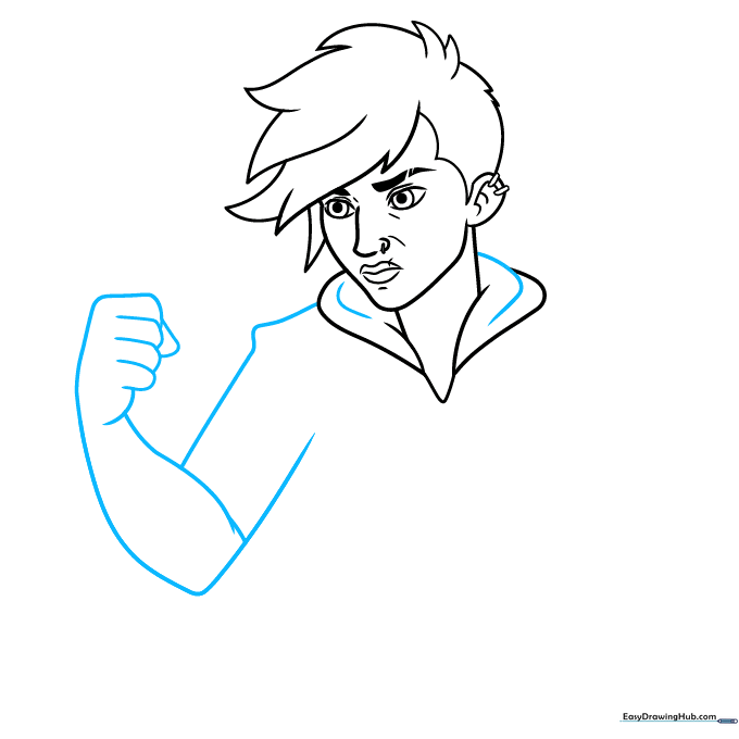 Drawing showing the construction of Vi's shoulders and arms using basic shapes and cylinders.