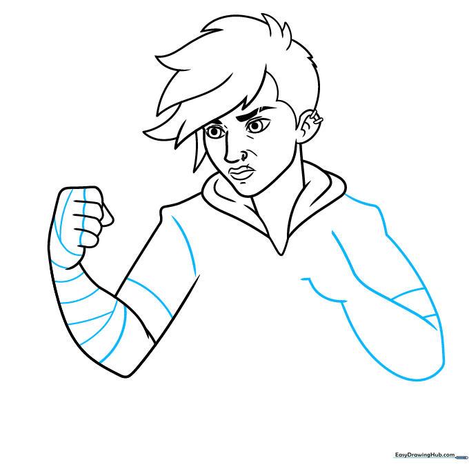 Refining the arm and sleeve details with curved lines for a more dynamic look.