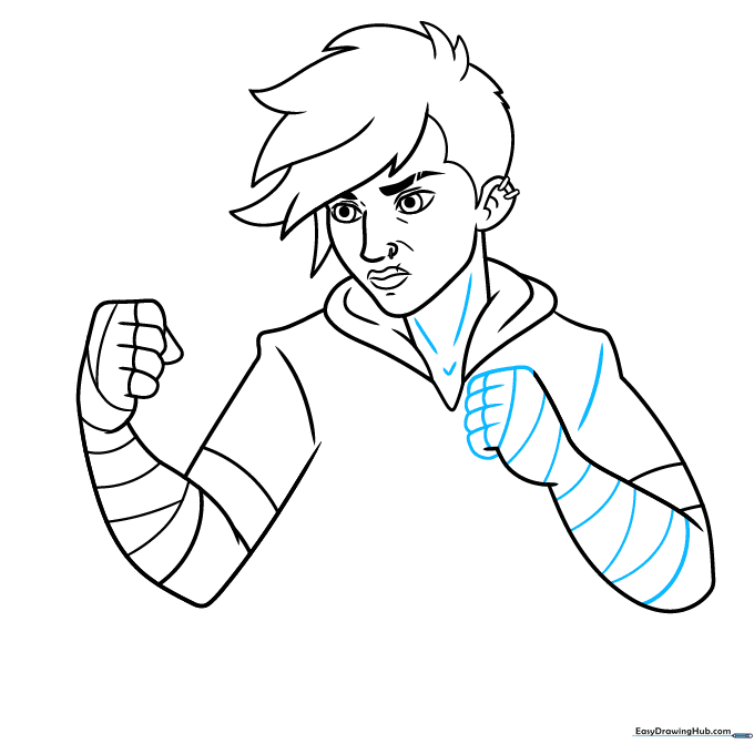 Adding detail to Vi's hands and clothing to enhance the character's appearance.
