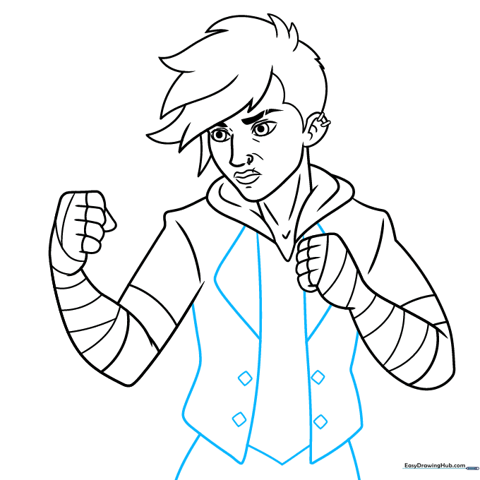 Drawing the geometric patterns and lines that make up Vi's jacket.