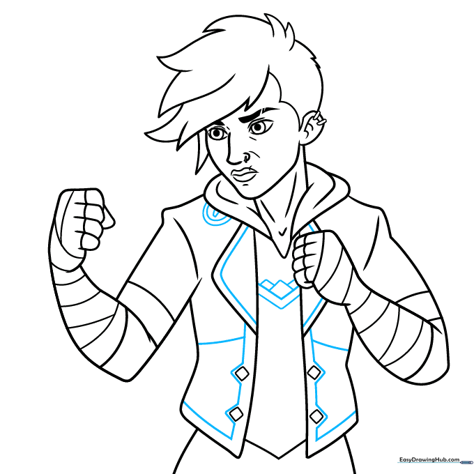 Adding final decorative details like buckles and seams to Vi's outfit.