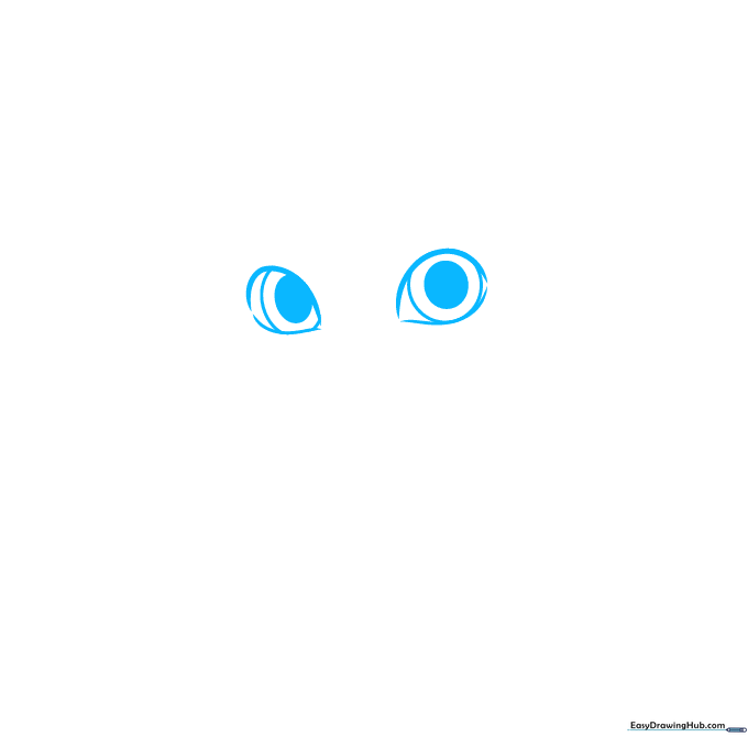 Close-up sketch of Violet's eyes with large irises and pupils on white paper.