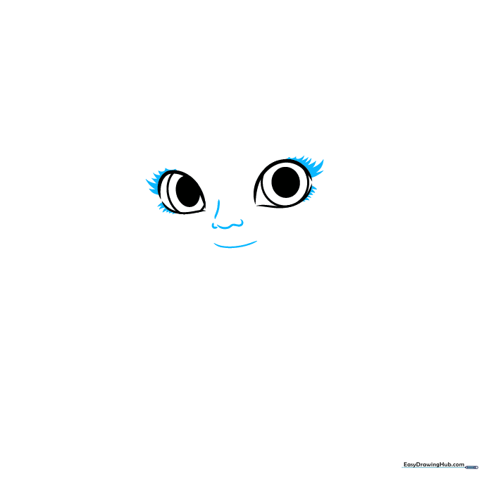 Pencil sketch showing detailed eyelashes, a small nose, and a smiling mouth.